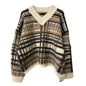 NEW ASOS Womens Size Medium Brushed Mocha Plaid High V-Neck Wool Blend Sweater